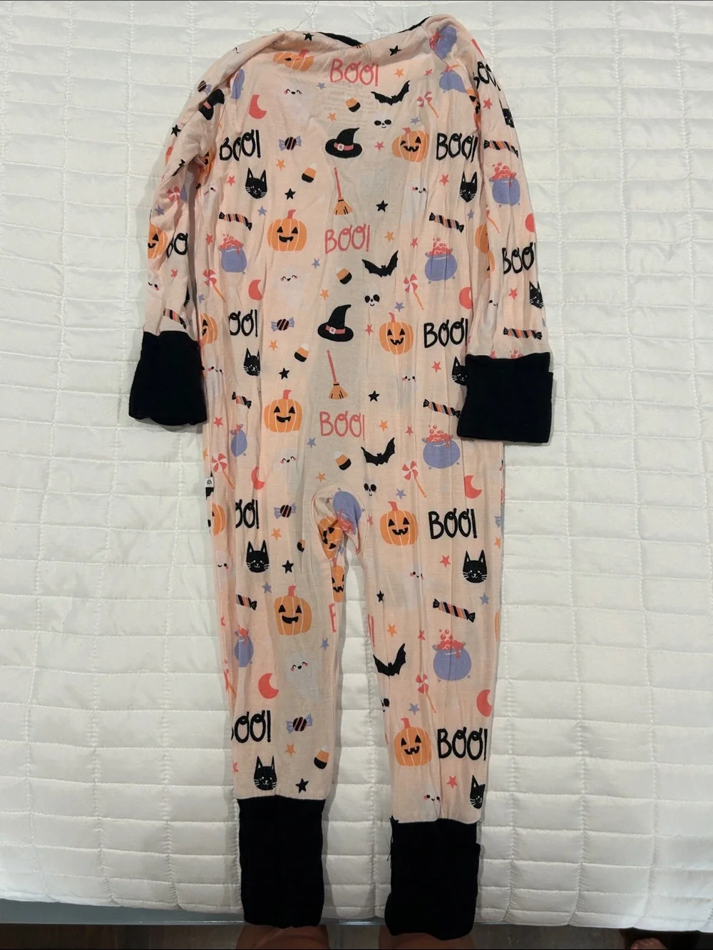 Halloween Print Pink Footed One-Piece Pajamas with Black Trim